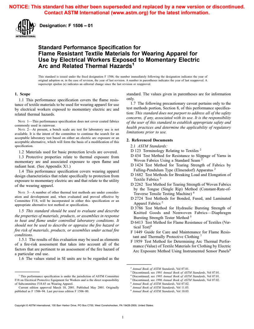 ASTM F1506-01 - Standard Performance Specification for Flame Resistant Textile Materials for Wearing Apparel for Use by Electrical Workers Exposed to Momentary Electric Arc and Related Thermal Hazards