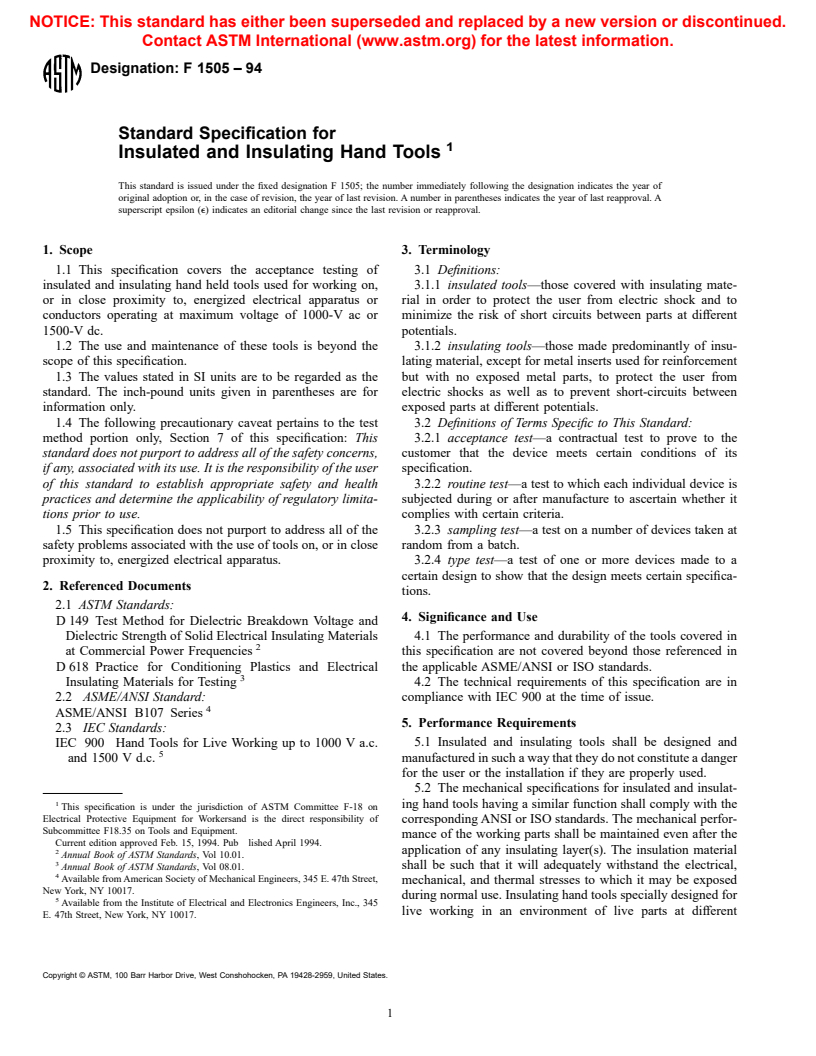 ASTM F1505-94 - Standard Specification for Insulated and Insulating Hand Tools