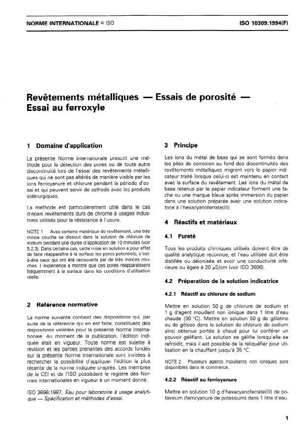 ISO 10309:1994 - Revetements métalliques -- Essais de porosité -- Essai au ferroxyle