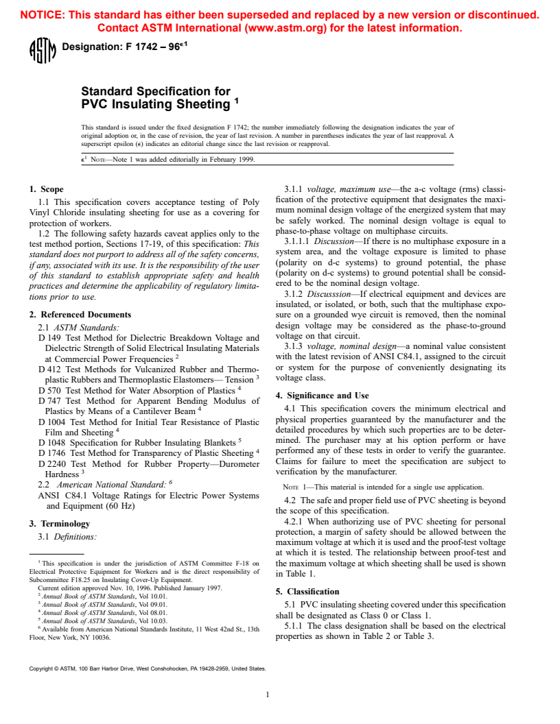 ASTM F1742-96e1 - Standard Specification for PVC Insulating Sheeting