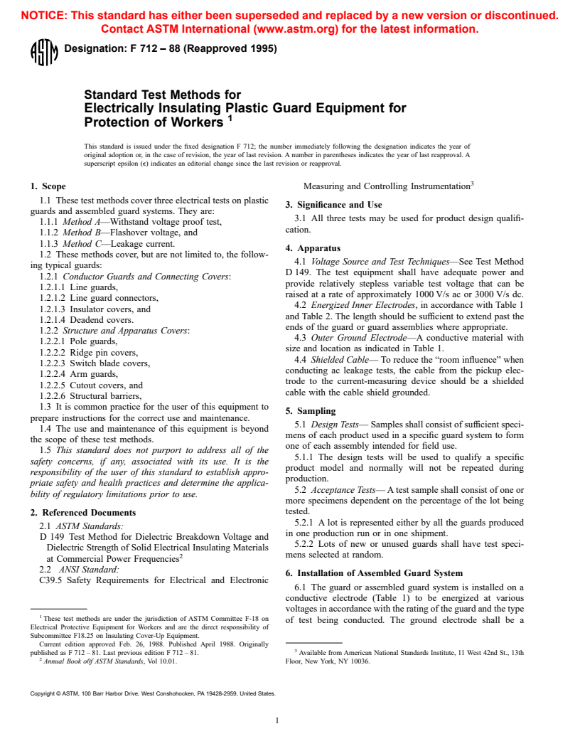 ASTM F712-88(1995) - Standard Test Methods for Electrically Insulating Plastic Guard Equipment for Protection of Workers