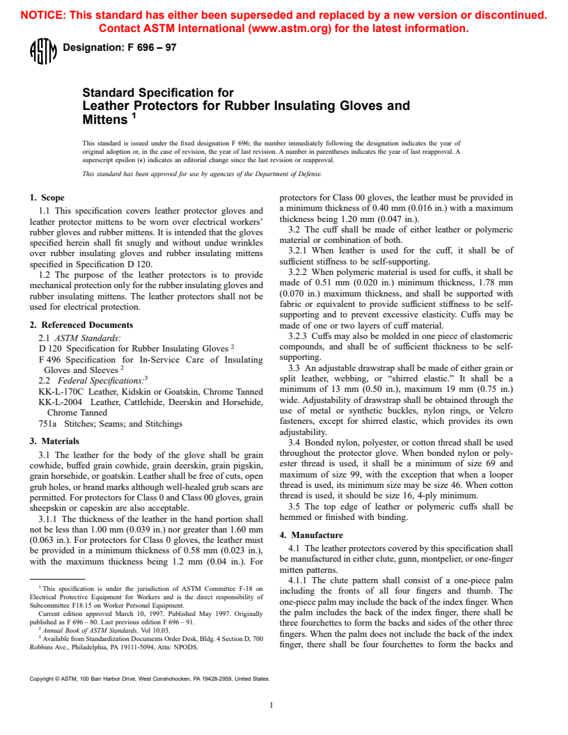 ASTM F696-97 - Standard Specification for Leather Protectors for Rubber Insulating Gloves and Mittens