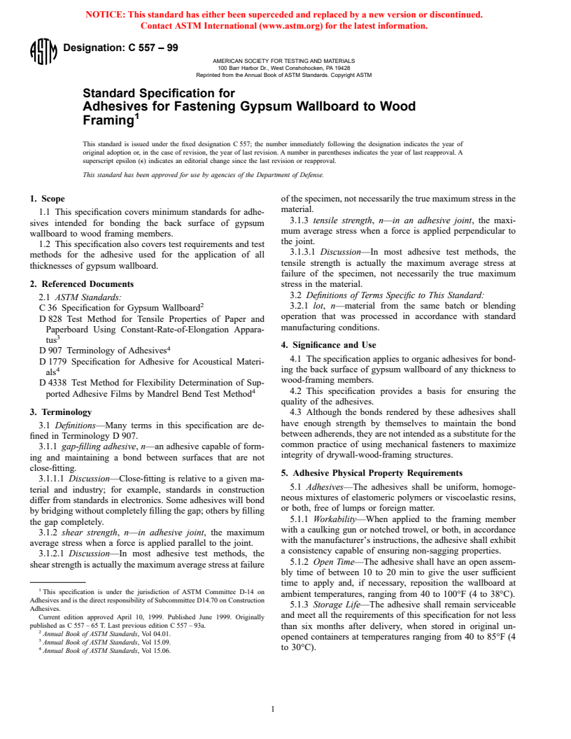 ASTM C557-99 - Standard Specification for Adhesives for Fastening Gypsum Wallboard to Wood Framing