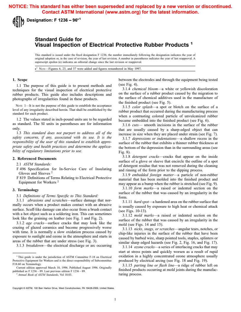 ASTM F1236-96e1 - Standard Guide for Visual Inspection of Electrical Protective Rubber Products