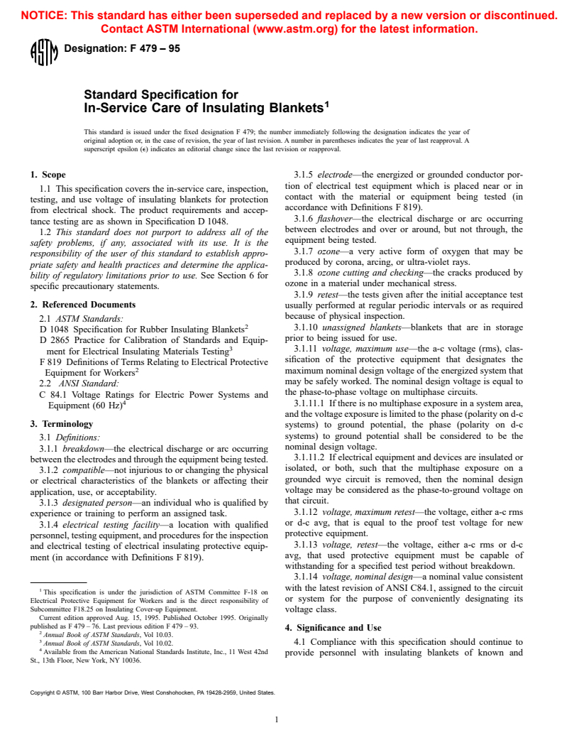 ASTM F479-95 - Standard Specification for In-Service Care of Insulating Blankets