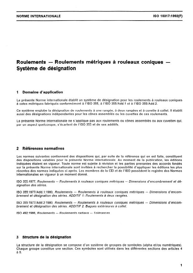 ISO 10317:1992 - Roulements -- Roulements métriques a rouleaux coniques -- Systeme de désignation