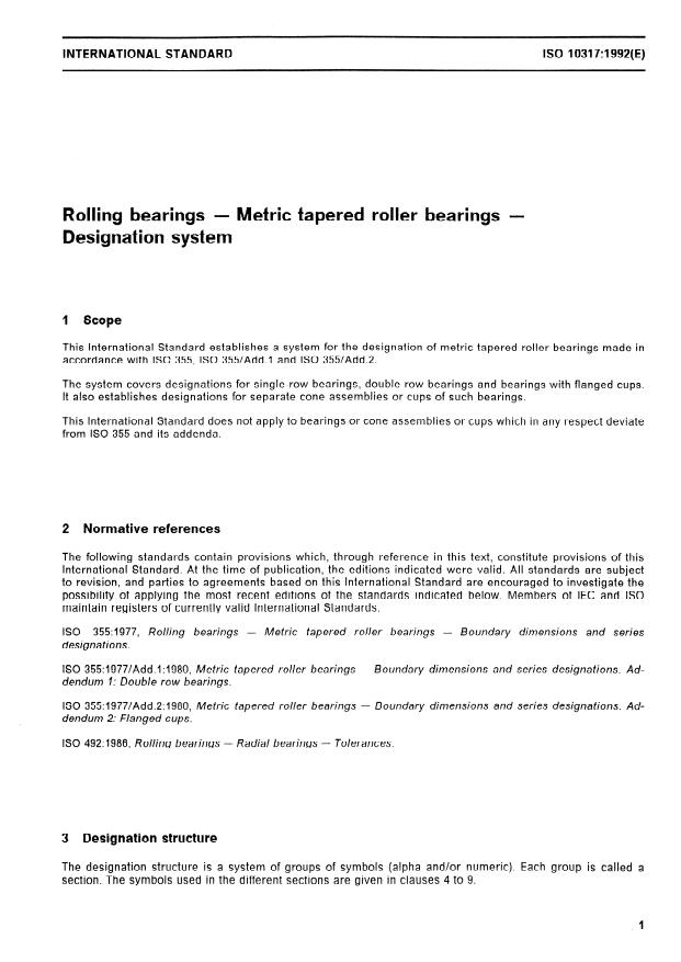 ISO 10317:1992 - Rolling bearings -- Metric tapered roller bearings -- Designation system