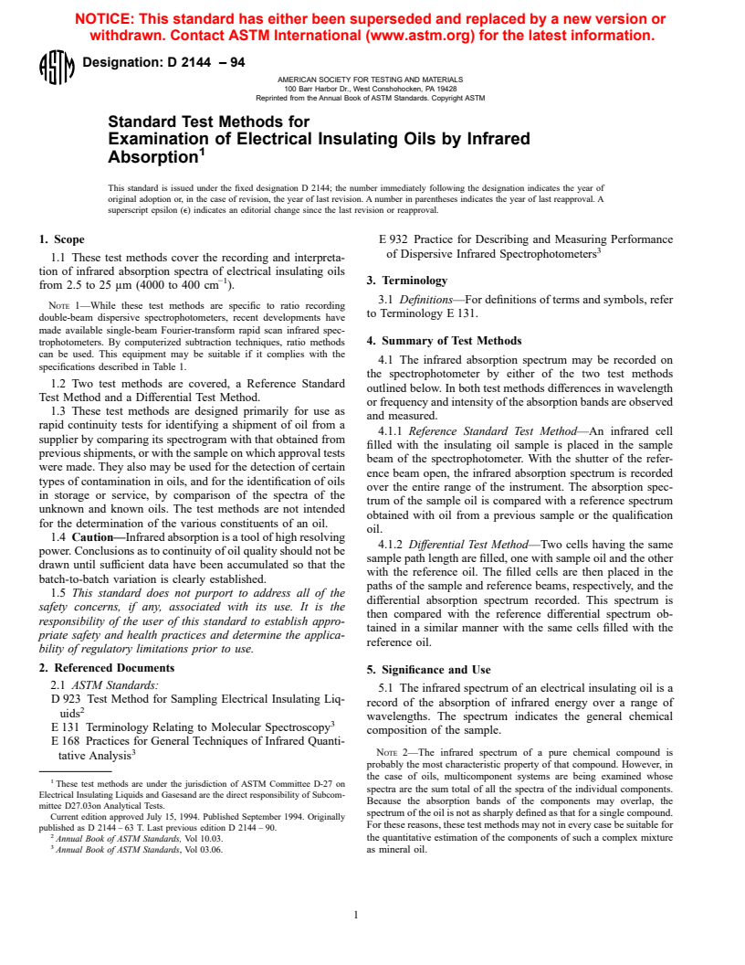 ASTM D2144-94 - Standard Test Methods for Examination of Electrical Insulating Oils by Infrared Absorption