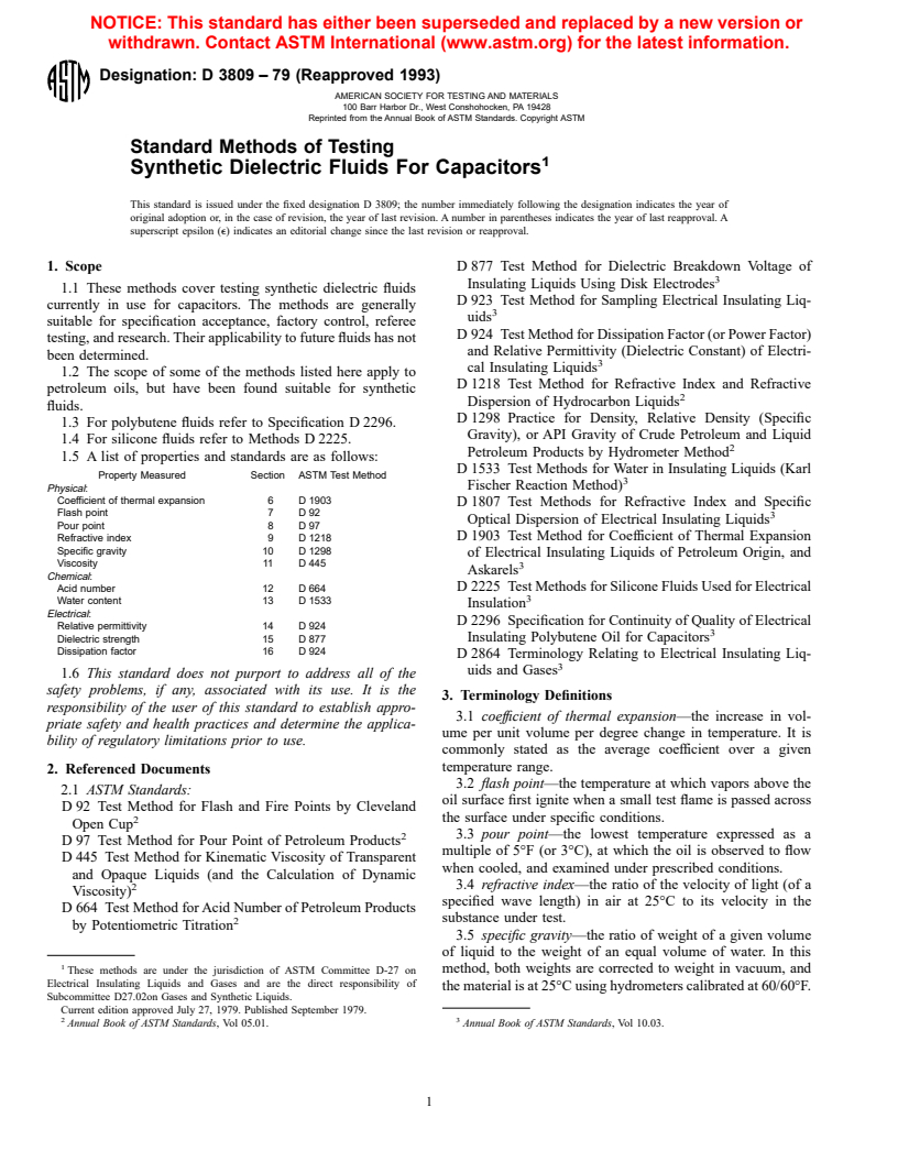 ASTM D3809-79(1993) - Standard Method of Testing Synthetic Dielectric Fluids For Capacitors