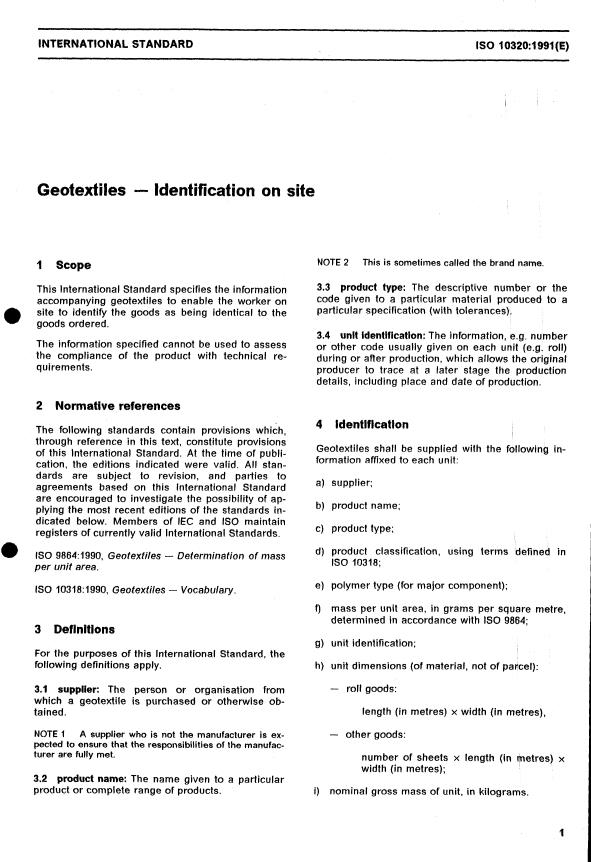 ISO 10320:1991 - Geotextiles -- Identification on site