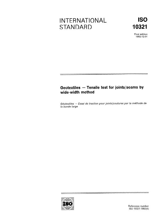 ISO 10321:1992 - Geotextiles -- Tensile test for joints/seams by wide-width method