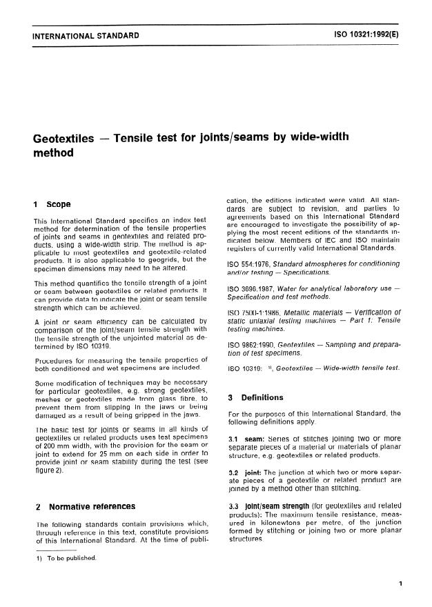 ISO 10321:1992 - Geotextiles -- Tensile test for joints/seams by wide-width method