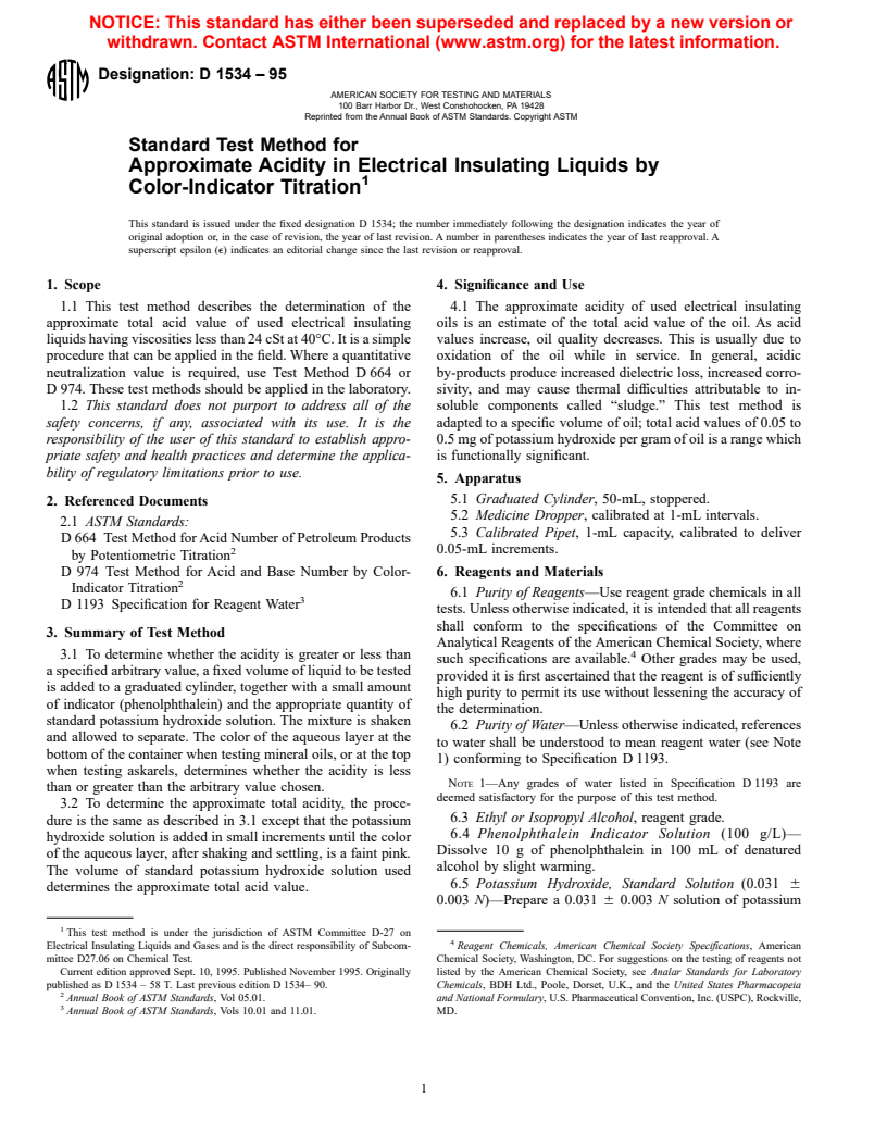 ASTM D1534-95 - Standard Test Method for Approximate Acidity in Electrical Insulating Liquids by Color-Indicator Titration