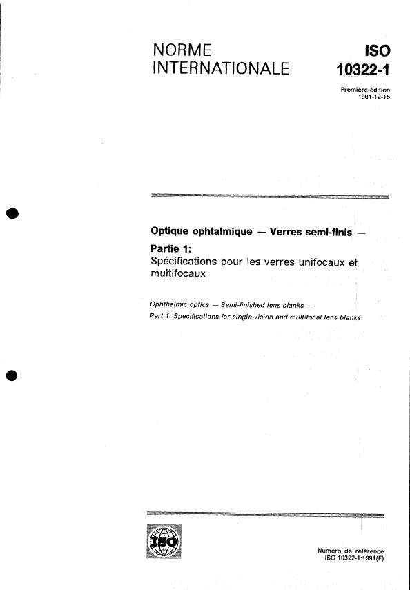 ISO 10322-1:1991 - Optique ophtalmique -- Verres semi-finis