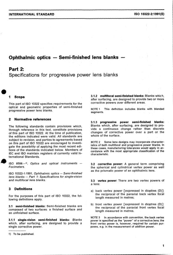 ISO 10322-1:1991 - Ophthalmic optics -- Semi-finished lens blanks