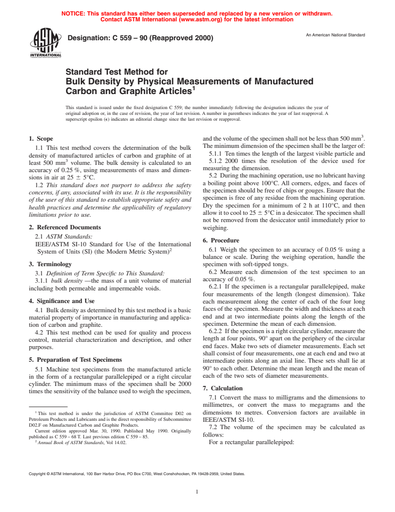 ASTM C559-90(2000) - Standard Test Method for Bulk Density by Physical Measurements of Manufactured Carbon and Graphite Articles