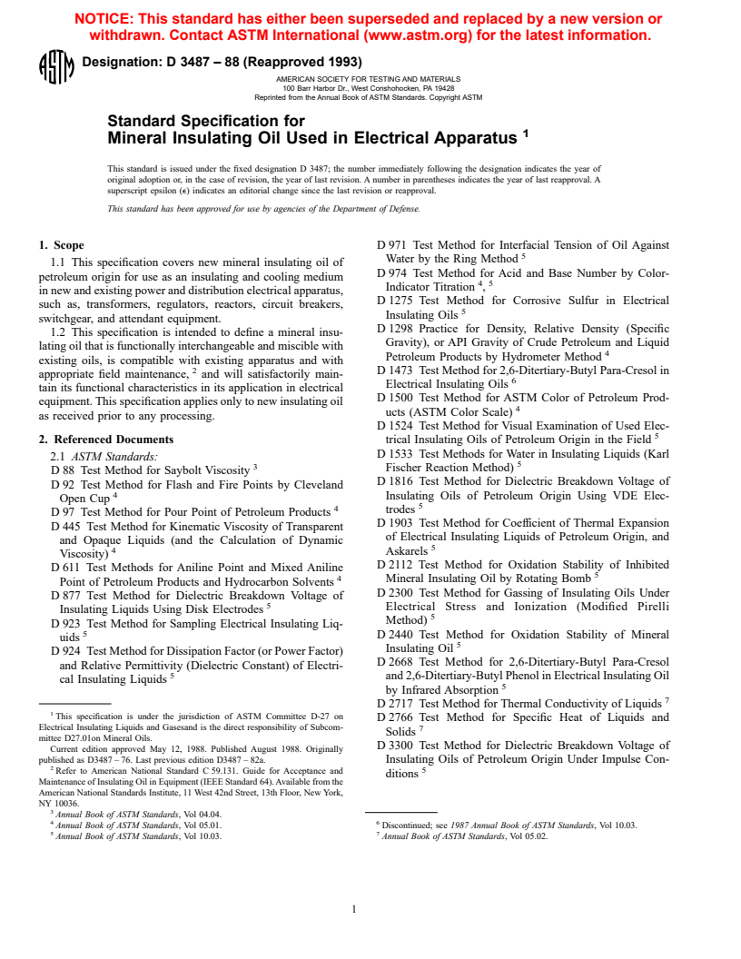 ASTM D3487-88(1993) - Standard Specification for Mineral Insulating Oil Used in Electrical Apparatus