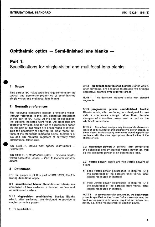 ISO 10322-2:1991 - Ophthalmic optics -- Semi-finished lens blanks