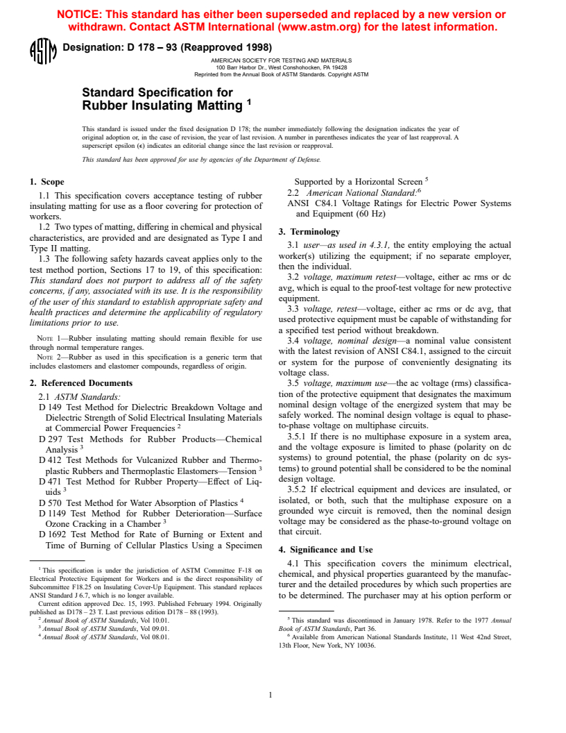 ASTM D178-93(1998) - Standard Specification for Rubber Insulating Matting