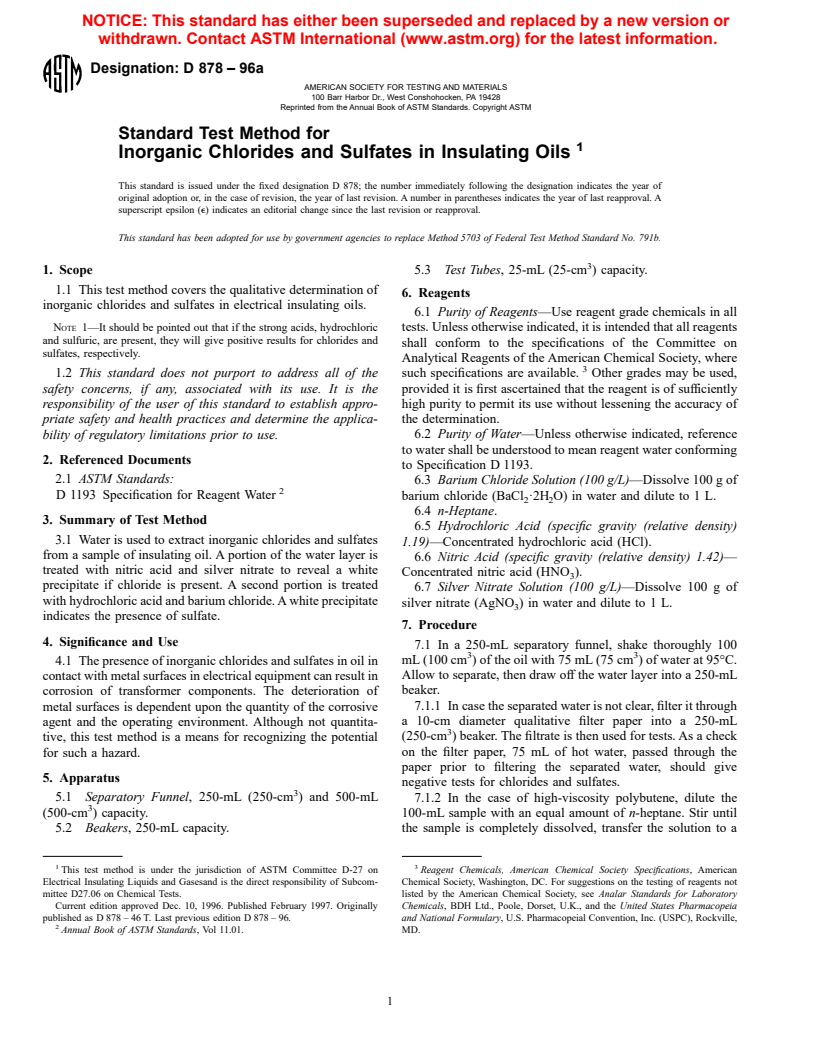 ASTM D878-96a - Standard Test Method for Inorganic Chlorides and Sulfates in Insulating Oils