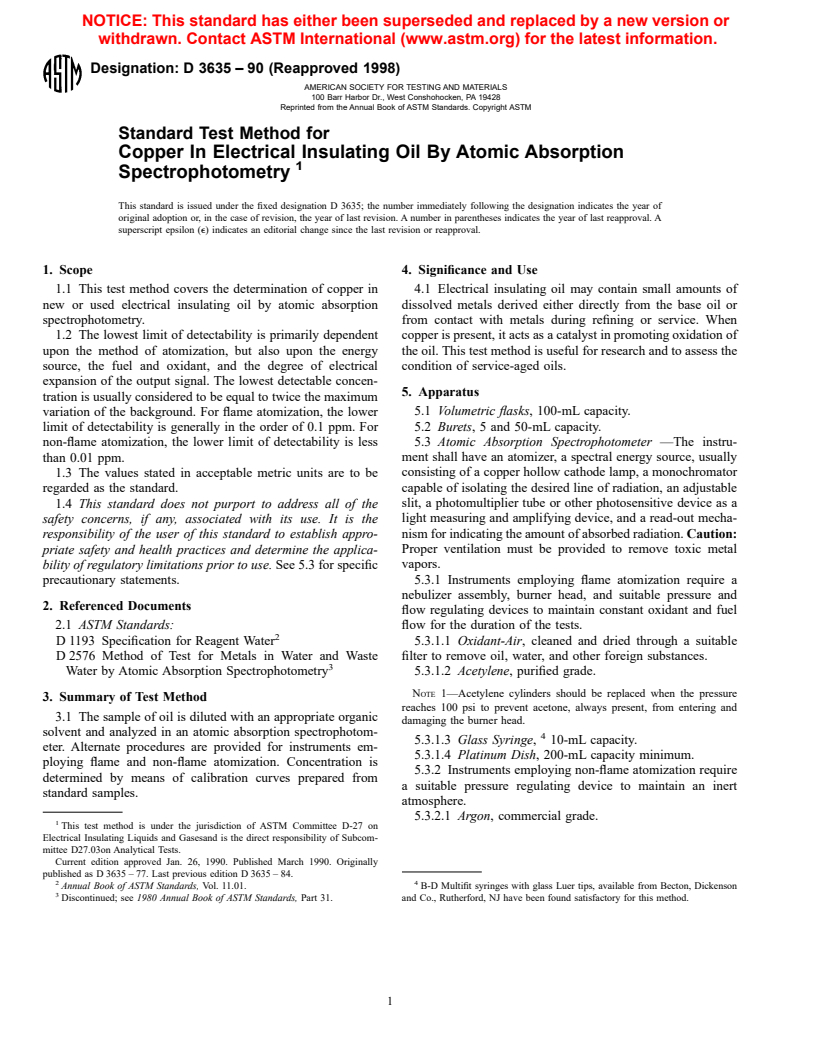 ASTM D3635-90(1998) - Standard Test Method for Dissolved Copper In Electrical Insulating Oil By Atomic Absorption Spectrophotometry