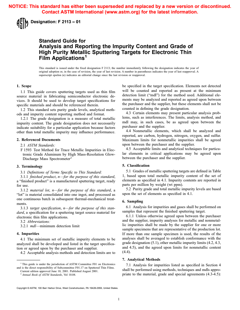 ASTM F2113-01 - Standard Guide for Analysis and Reporting the Impurity Content and Grade of High Purity Metallic Sputtering Targets for Electronic Thin Film Applications