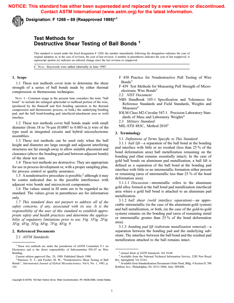 ASTM F1269-89(1995)e1 - Test Methods for Destructive Shear Testing of Ball Bonds