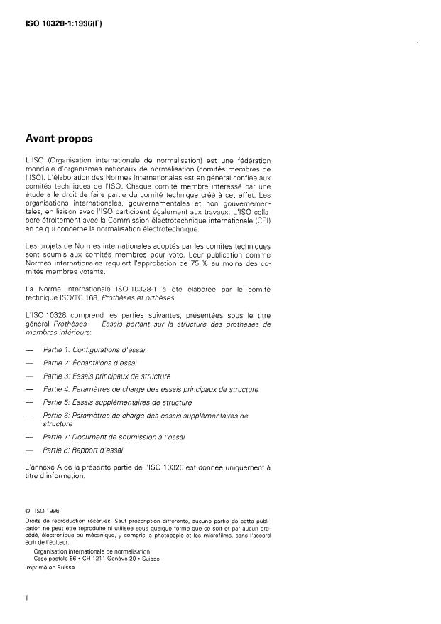 ISO 10328-1:1996 ISO 10328-1:1996 - Protheses -- Essais portant sur la structure des protheses de membres inférieurs - Page 2 preview
