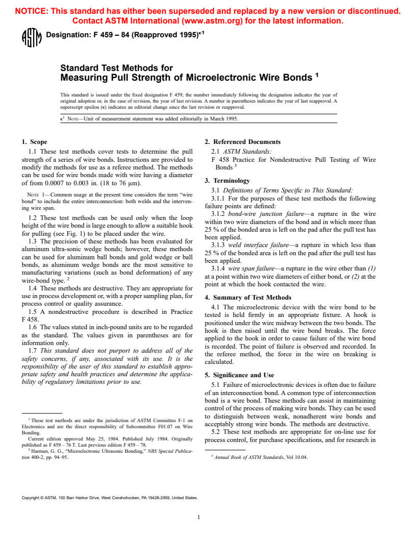 ASTM F459-84(1995)e1 - Standard Test Methods for Measuring Pull Strength of Microelectronic Wire Bonds