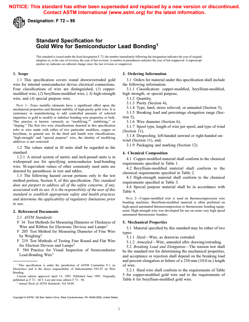 ASTM F72-95 - Standard Specification for Gold Wire for Semiconductor Lead Bonding