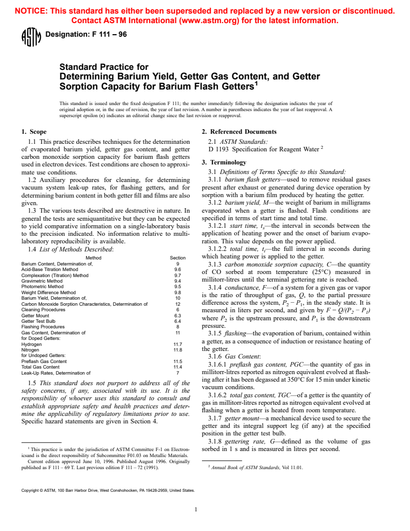 ASTM F111-96 - Standard Practice for Determining Barium Yield, Getter Gas Content, and Getter Sorption Capacity for Barium Flash Getters