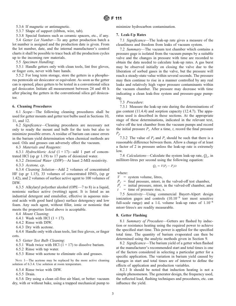 ASTM F111-96 - Standard Practice for Determining Barium Yield, Getter Gas Content, and Getter Sorption Capacity for Barium Flash Getters