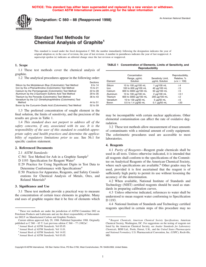 ASTM C560-88(1998) - Standard Test Methods for Chemical Analysis of Graphite