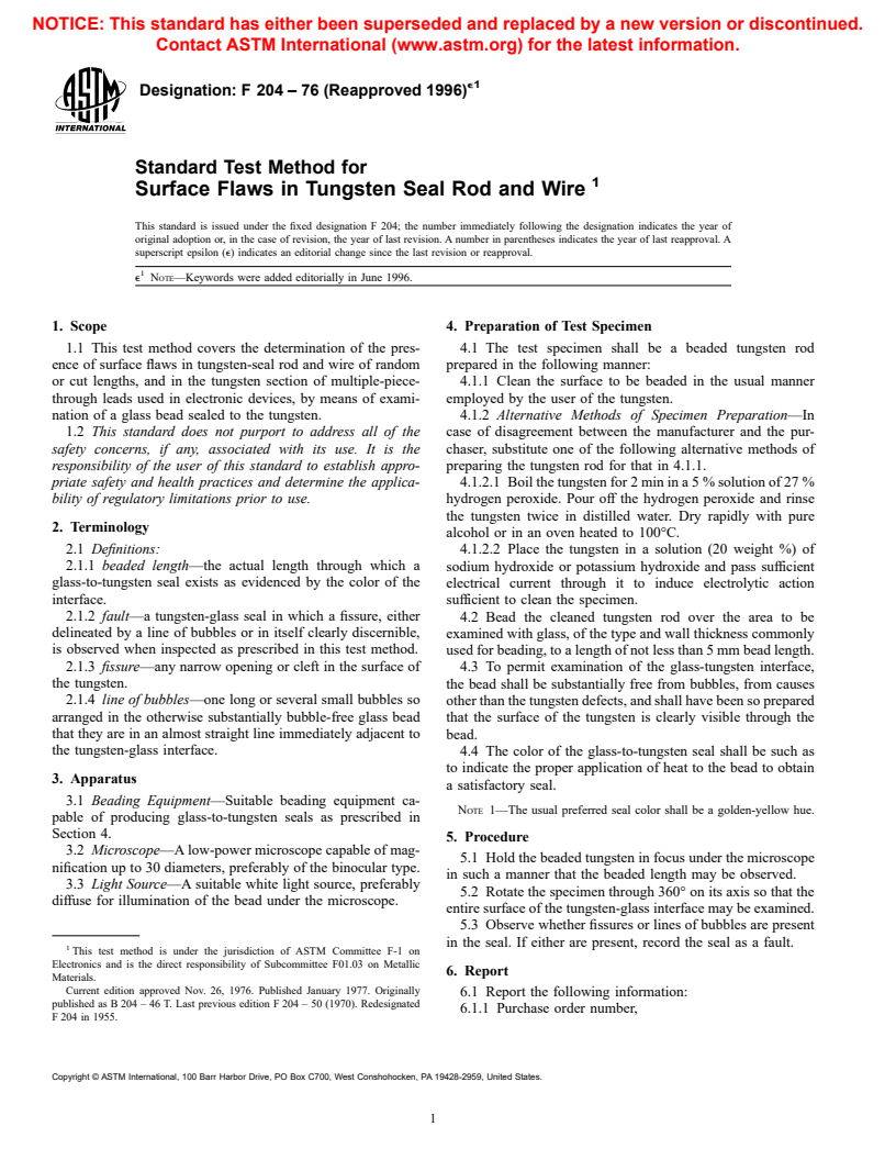 ASTM F204-76(1996)e1 - Standard Test Method for Surface Flaws in Tungsten Seal Rod and Wire