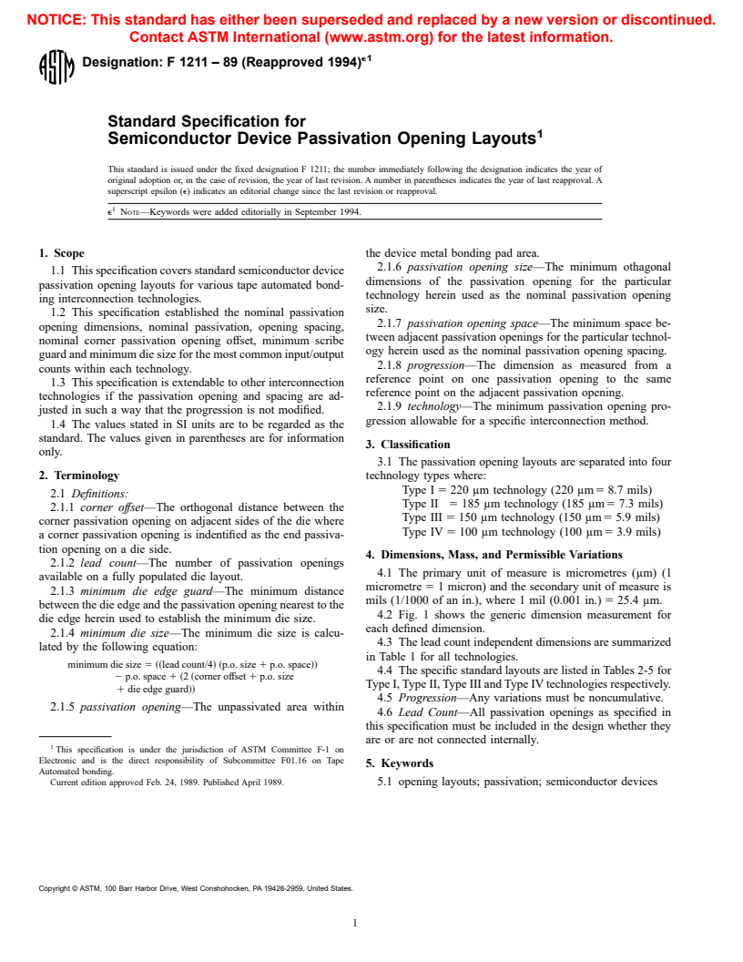 ASTM F1211-89(1994)e1 - Standard Specification for Semiconductor Device Passivation Opening Layouts