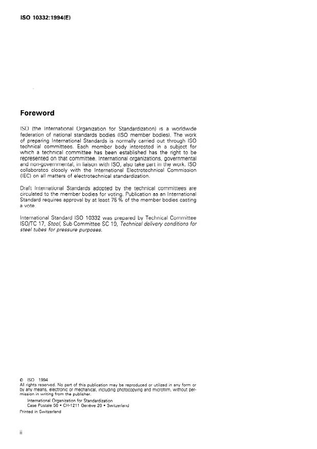 ISO 10332:1994 ISO 10332:1994 - Seamless and welded (except submerged arc-welded) steel tubes for pressure purposes -- Ultrasonic testing for the verification of hydraulic leak-tightness - Page 2 preview