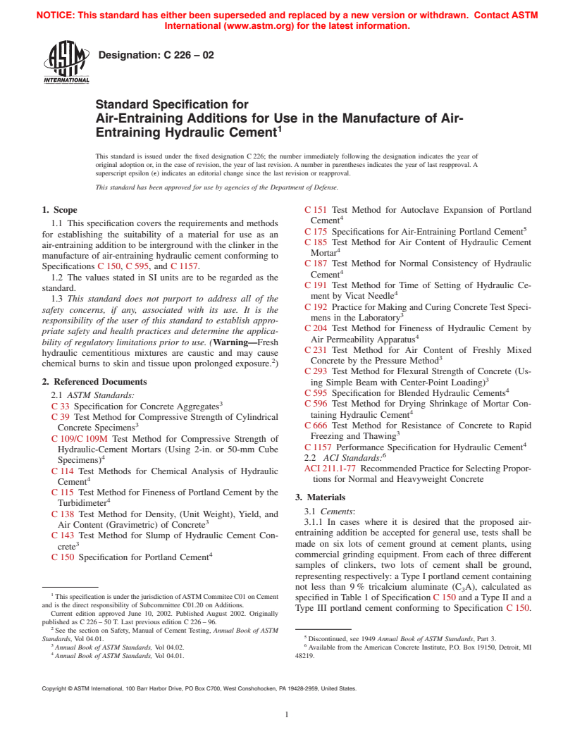 ASTM C226-02 - Standard Specification for Air-Entraining Additions for Use in the Manufacture of Air-Entraining Hydraulic Cement