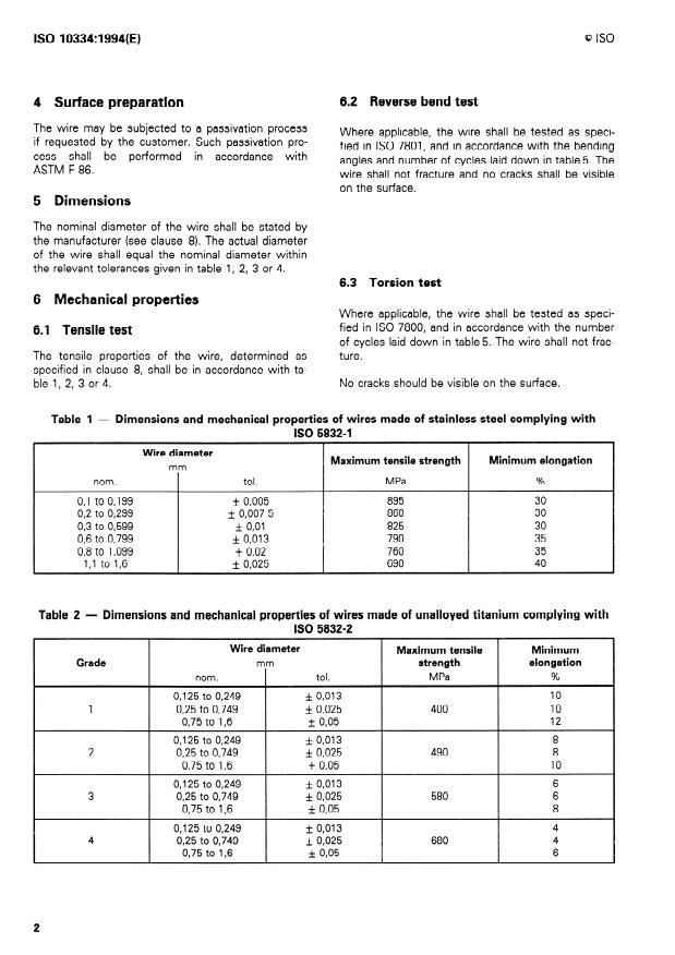 ISO 10334:1994 ISO 10334:1994 - Implants for surgery -- Malleable wires for use as sutures and other surgical applications - Page 4 preview