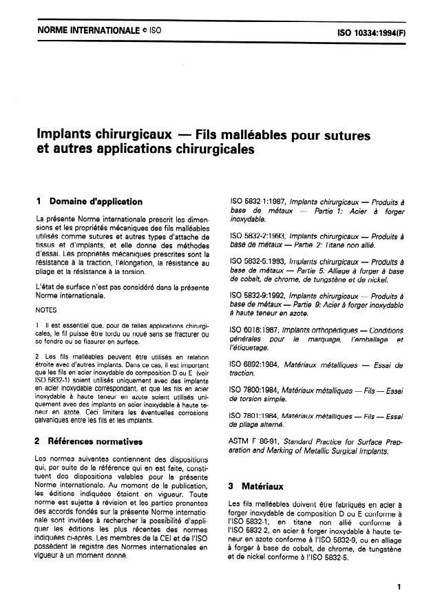 ISO 10334:1994 - Implants chirurgicaux -- Fils malléables pour sutures et autres applications chirurgicales