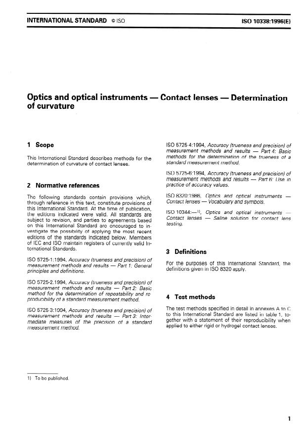 ISO 10338:1996 - Optics and optical instruments -- Contact lenses -- Determination of curvature