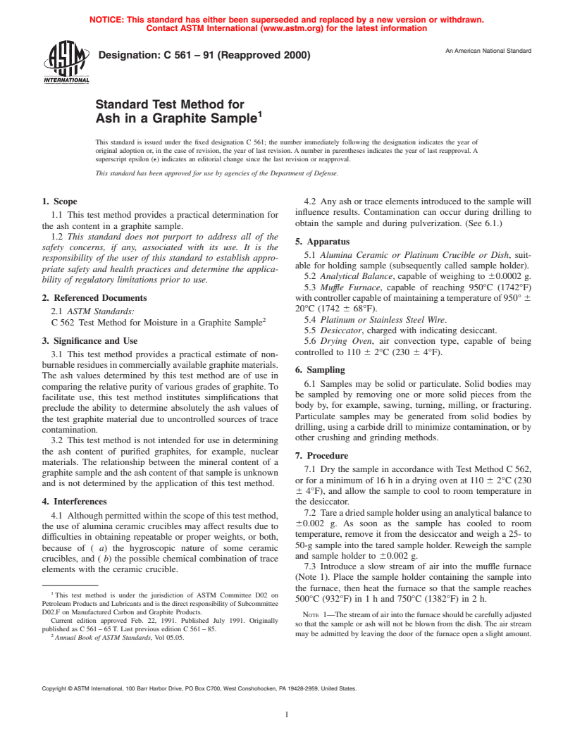 ASTM C561-91(2000) - Standard Test Method for Ash in a Graphite Sample