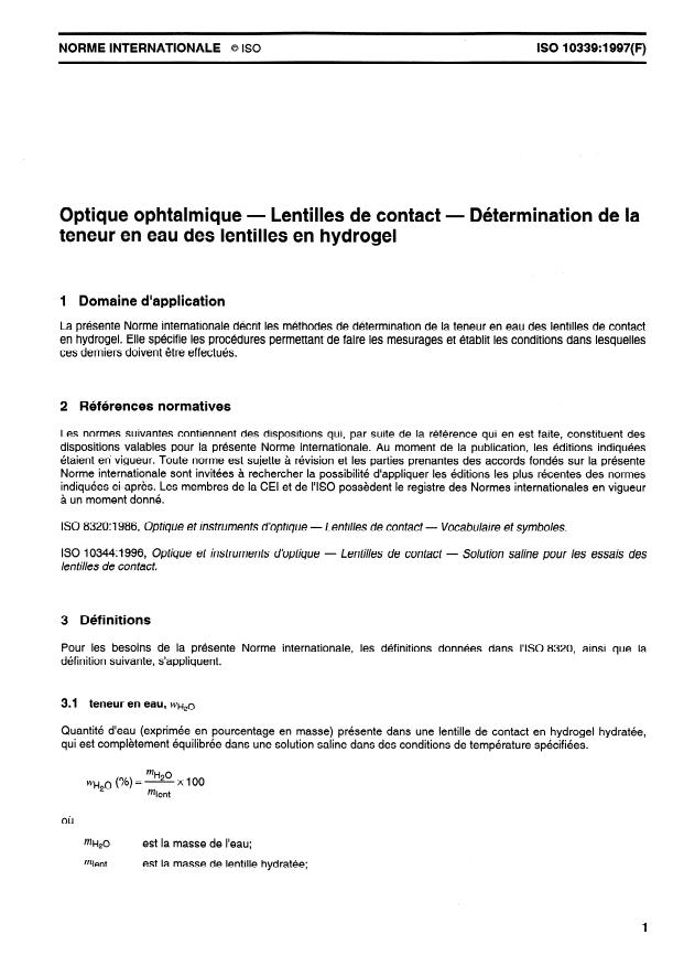 ISO 10339:1997 - Optique ophtalmique -- Lentilles de contact -- Détermination de la teneur en eau des lentilles en hydrogel