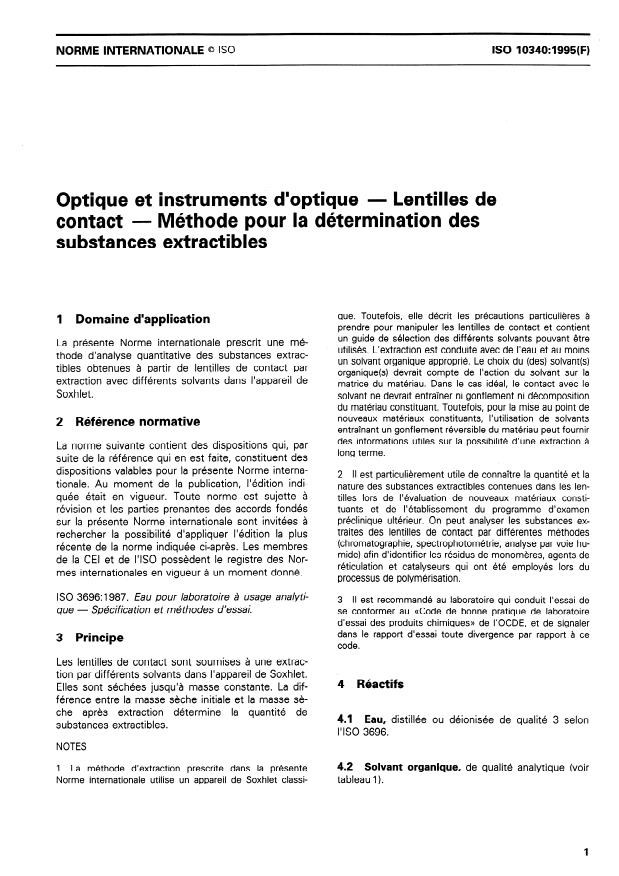 ISO 10340:1995 - Optique et instruments d'optique -- Lentilles de contact -- Méthode pour la détermination des substances extractibles
