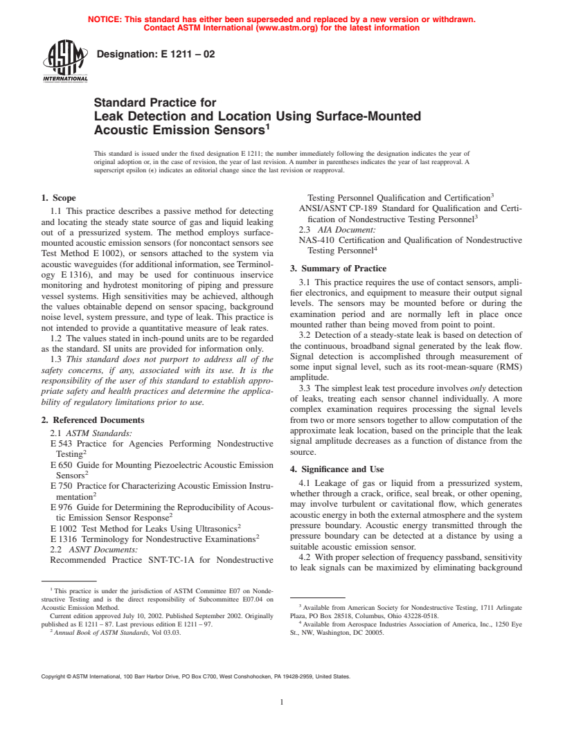 ASTM E1211-02 - Standard Practice for Leak Detection and Location Using Surface-Mounted Acoustic Emission Sensors