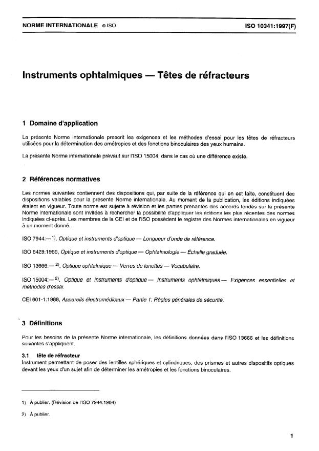 ISO 10341:1997 - Instruments ophtalmiques -- Tetes de réfracteurs