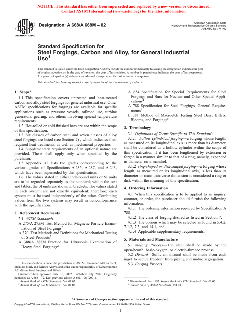 ASTM A668/A668M-02 - Standard Specification for Steel Forgings, Carbon and Alloy, for General Industrial Use