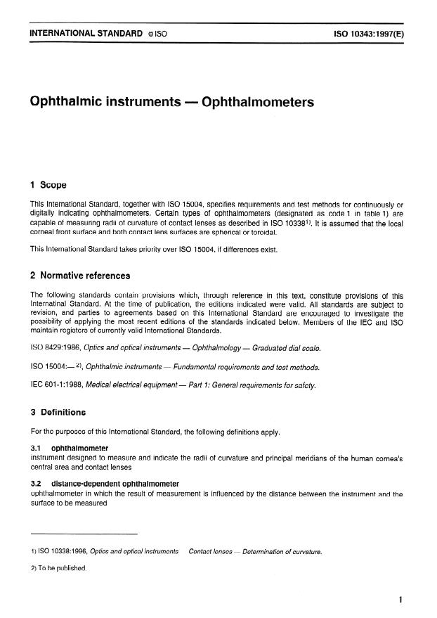 ISO 10343:1997 - Ophthalmic instruments -- Ophthalmometers