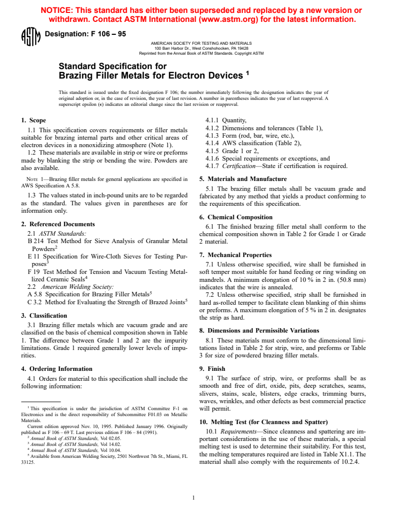 ASTM F106-95 - Standard Specification for Brazing Filler Metals for Electron Devices