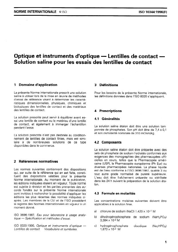ISO 10344:1996 - Optique et instruments d'optique -- Lentilles de contact -- Solution saline pour les essais des lentilles de contact