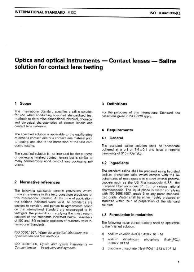 ISO 10344:1996 - Optics and optical instruments -- Contact lenses -- Saline solution for contact lens testing